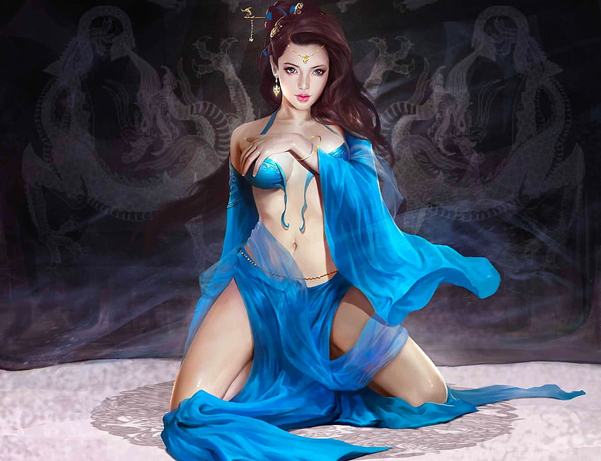 Scent of Seduction, blue, veils, digital, art, fantasy, beautiful, girl, woman HD wallpaper