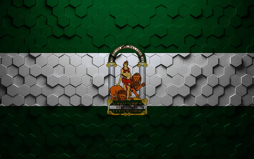 Flag of Andalusia, honeycomb art, Andalusia hexagons flag, Andalusia, 3d hexagons art, Andalusia flag HD wallpaper