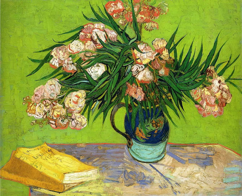 キョウチクトウと本のある静物花瓶 - ヴィンセント・ヴァン・ゴッホ、花の花瓶ヴァン・ゴッホ 高画質の壁紙