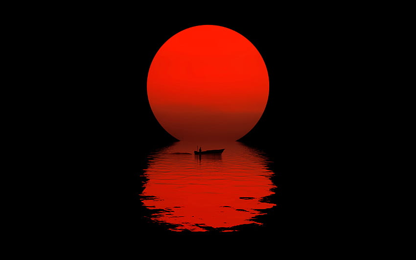 червена луна, море, силует на рибар, лодка, отражение, лунен минимализъм, луна HD тапет