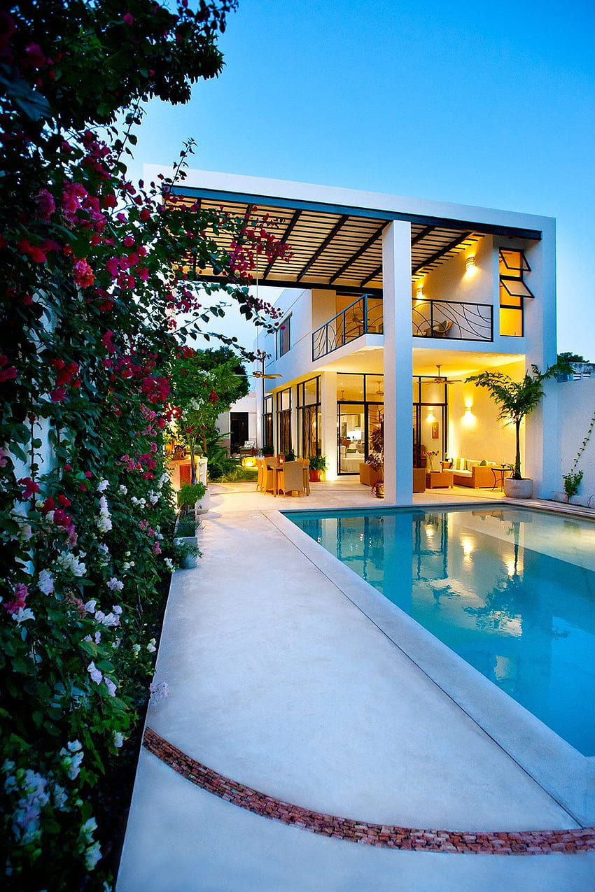 Луксозна бяла къща с плувен басейн Цветя - Мобилен дом -, Луксозна вила HD тапет за телефон