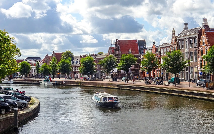 Haarlem, Holland, Netherlands, boat, canal, Haarlem, clouds, houses, Netherlands HD wallpaper
