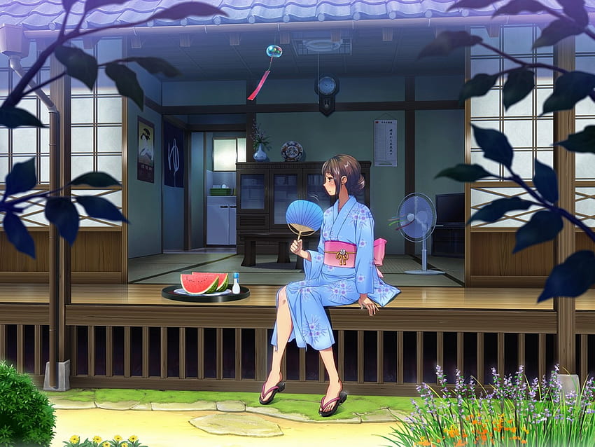Where is he?!, summer, kimono, anime, watermelon, grass, chime, female HD wallpaper
