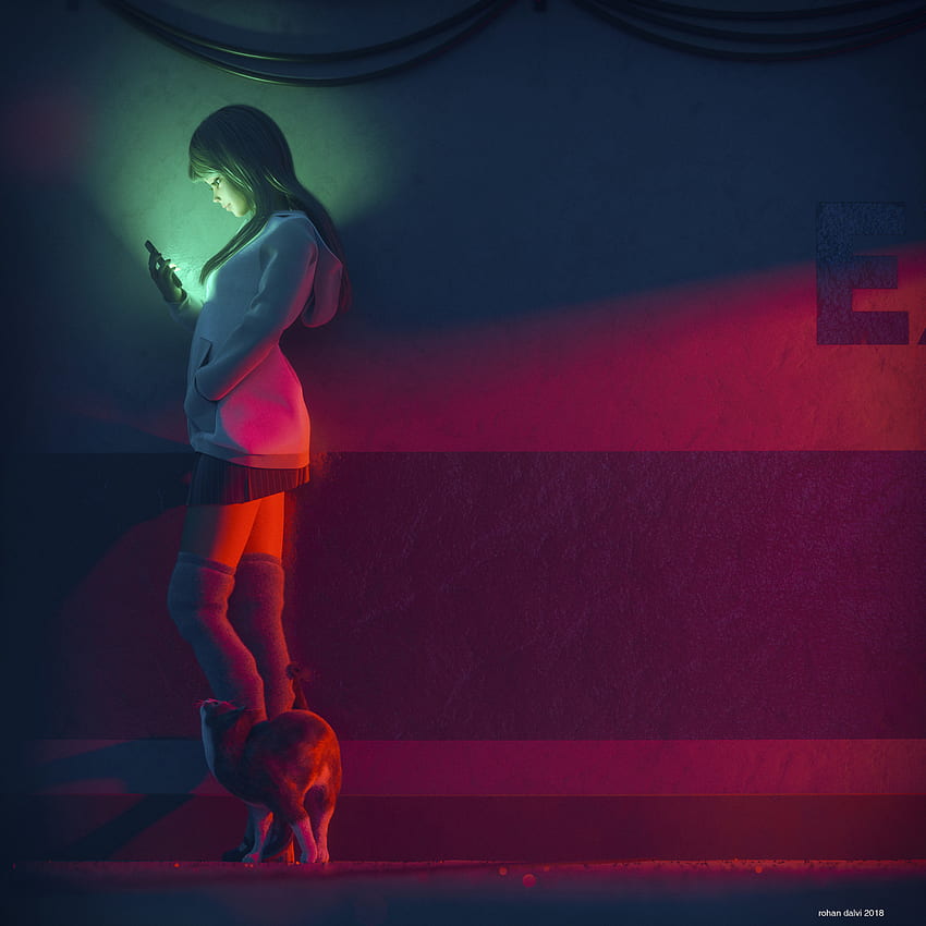 Art, Cat, Illumination, Girl, Lighting, Telephone HD phone wallpaper