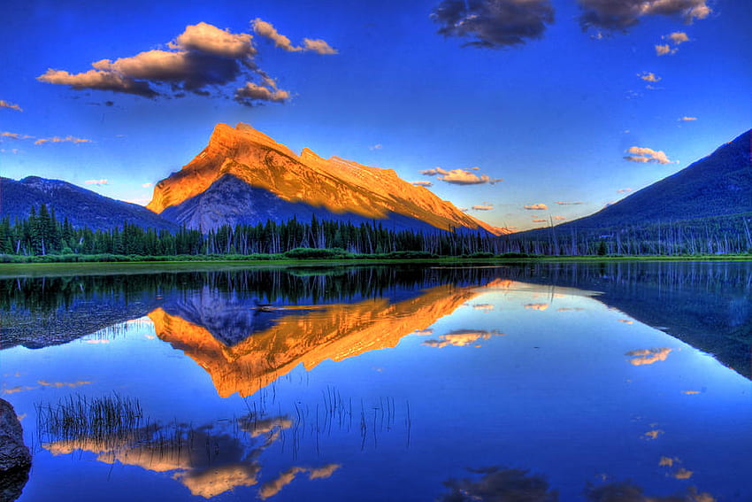 Reflections, blue, reflection, sky, nature, orange, water, lake, mountain HD wallpaper