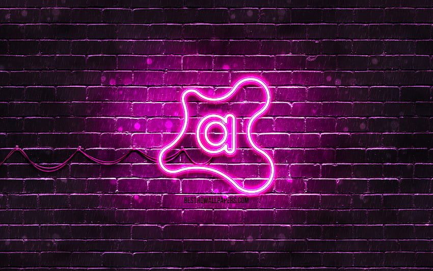 Fioletowe logo Avast, fioletowy mur, logo Avast, oprogramowanie antywirusowe, neonowe logo Avast, Avast Tapeta HD