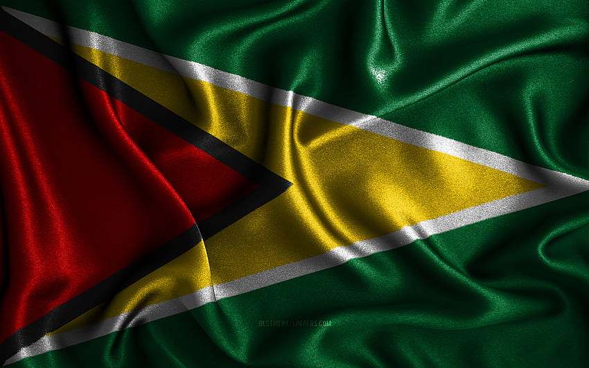 Bandera de Guyana, banderas onduladas de seda, países sudamericanos, símbolos nacionales, bandera de Guyana, banderas de tela, bandera de Guyana, arte 3D, Guyana, América del Sur, bandera 3D de Guyana con resolución fondo de pantalla
