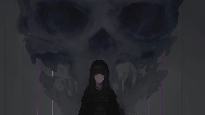 Anime girl, purple eyes, dark, skull HD wallpaper
