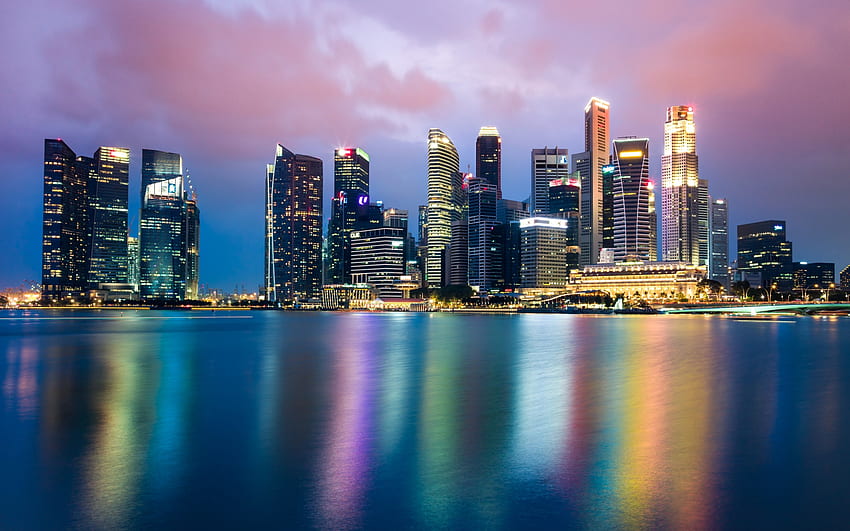 noches de singapur, rascacielos, edificio, singapur, agua fondo de pantalla
