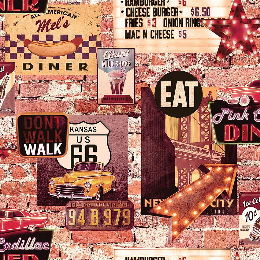 Arthouse American Diner Retro 60s Brick Pattern Restaurant HD phone wallpaper