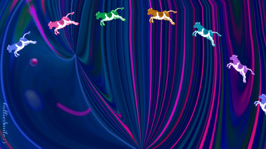 Once O'er a Blue Moon: Jumping Practice :D, cow, blue, leap, blue moon, stripes, catt1e, moon, leaping, striped, purple, pink, cows, violet, green, m00n, jump, jumping HD wallpaper