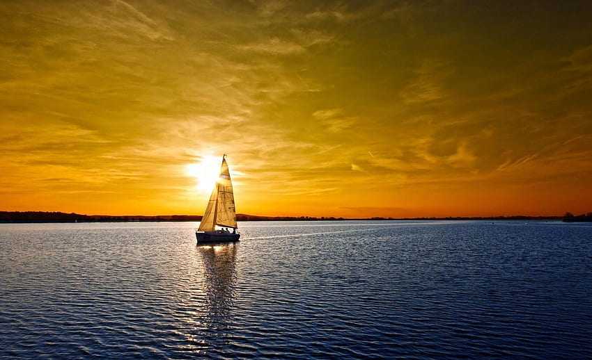 Jeśli ktoś nie wie, do którego portu płynie, żaden wiatr nie jest pomyślny. — Lucjusz Anneusz Seneka. Zachód słońca, zachód słońca nad oceanem, zachód słońca, zachód słońca na żaglówce Tapeta HD