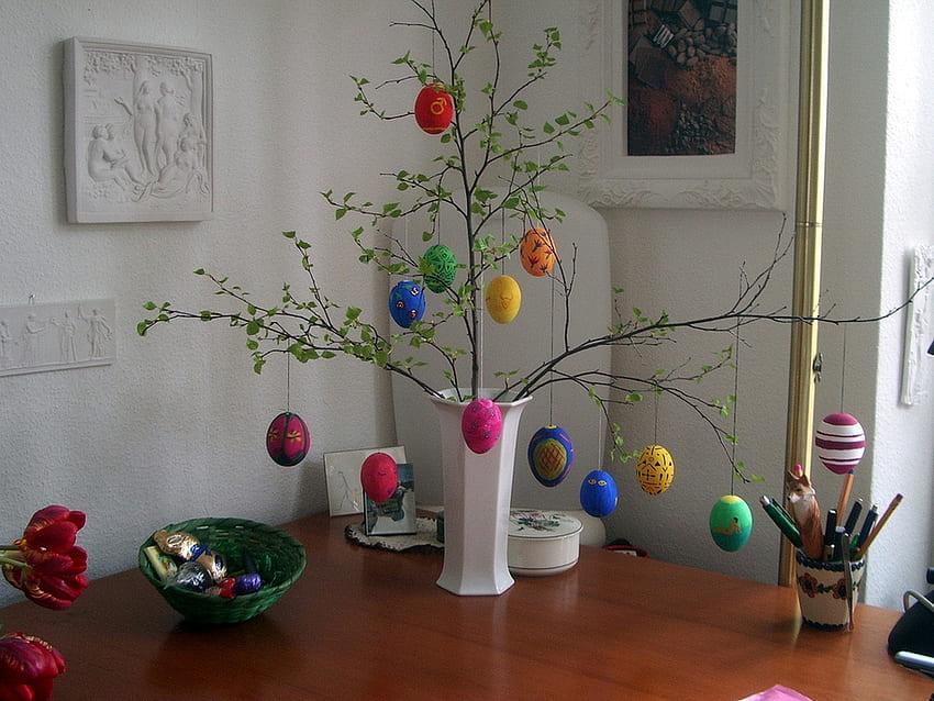 Easter eggs, branch, easter, painted, eggs HD wallpaper