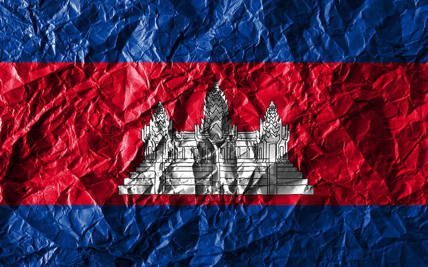 Bendera Kamboja,, kertas kusut, negara-negara Asia, kreatif, Bendera Kamboja, simbol nasional, Asia, bendera 3D Kamboja, Kamboja dengan resolusi. Kualitas tinggi Wallpaper HD