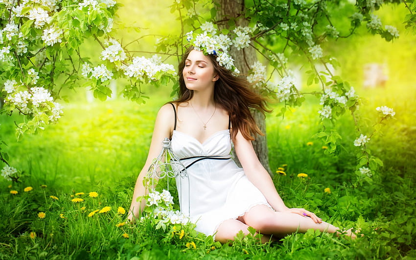 Spring Lady, dreamer, girl, grass, spring, woman, lady, spring time, face, trees, nature, flowers, splendor, female HD wallpaper