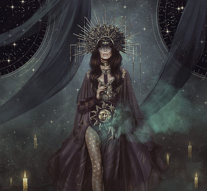 Lunar Goddess, anna astrid, golden, black, art, moon, fantasy, luna, goddess HD wallpaper