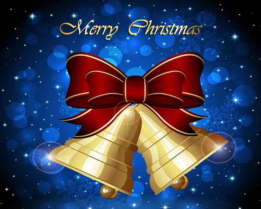 Merry Christmas, bells, gold, Christmas, ribbon HD wallpaper