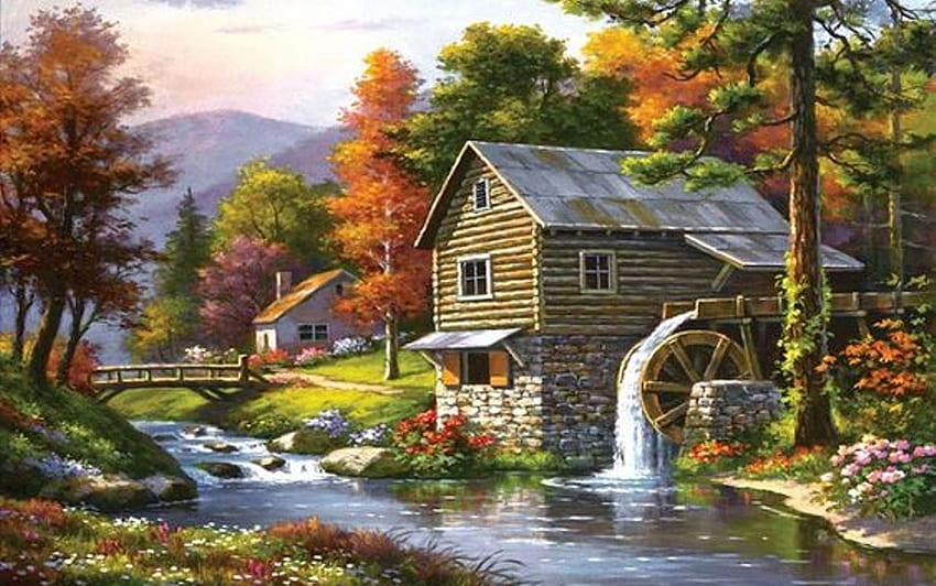 水車小屋、川、森、絵画 高画質の壁紙