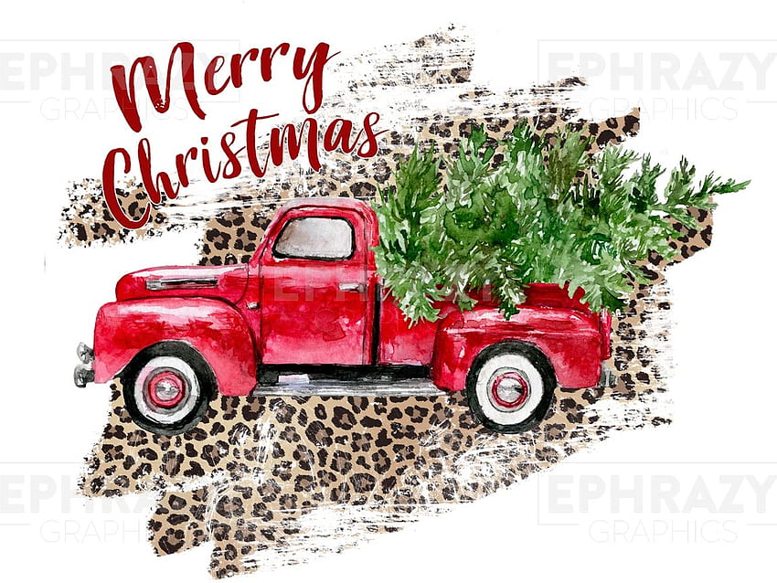 크리스마스 빨간 트럭 트리 표범 디지털 PNG. 크리스마스 레드 트럭, 크리스마스 트럭, 크리스마스 비닐, 빈티지 트럭 크리스마스 HD 월페이퍼