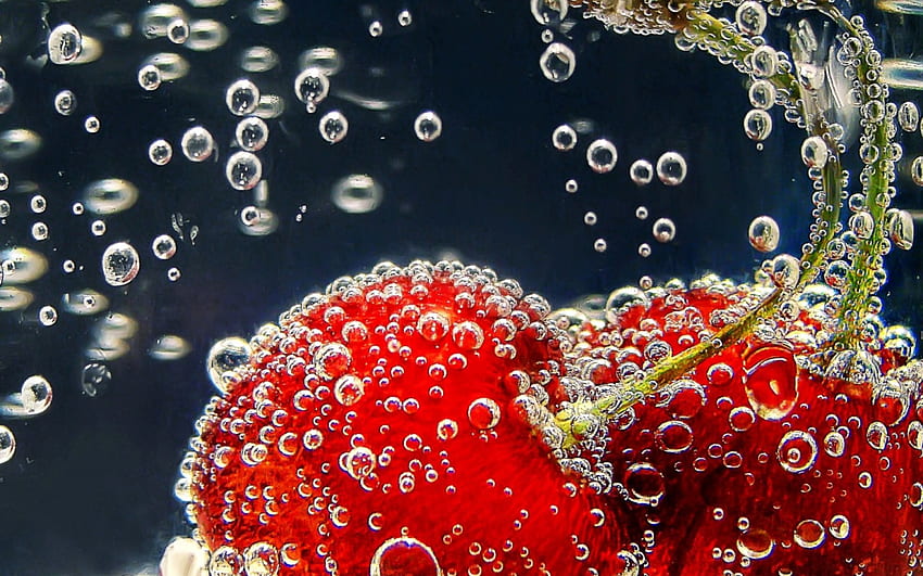 cerezas, dulce, cereza, rojo, postre, fruta, burbujas, comida, agua fondo de pantalla