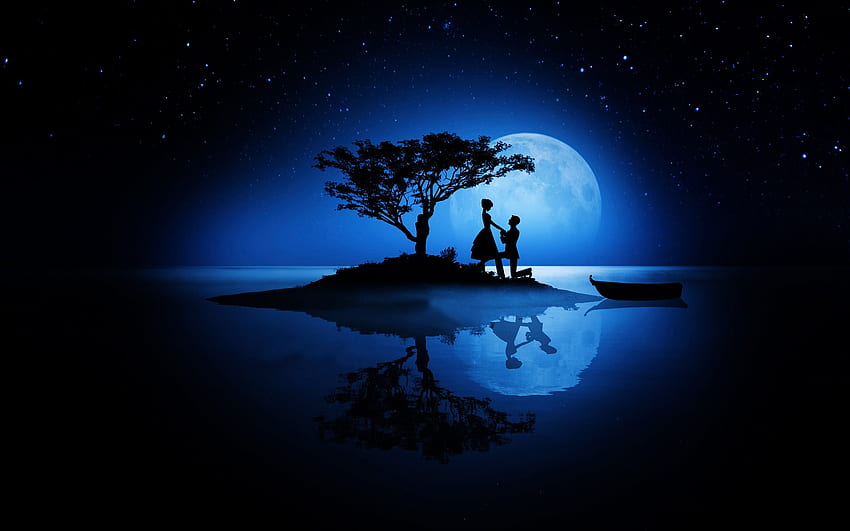 Couple amour île lune bateau nuit, Couple de nuit Fond d'écran HD