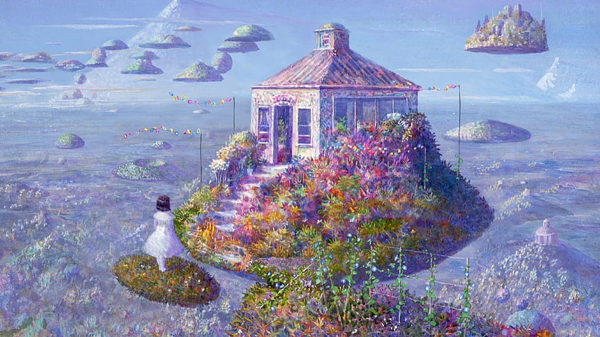 Fantasy island, island, naohisa inoue, art, girl, purple, pink, fantasy, green, luminos HD тапет