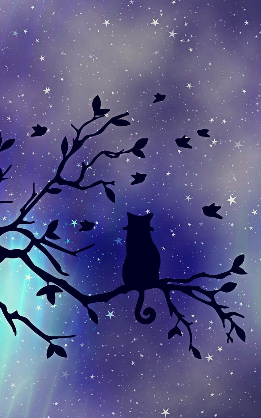 Cat, Silhouette, Starry Sky, Branch, Art Samsung Galaxy Note Gt N7000, Meizu Mx2 Background HD phone wallpaper