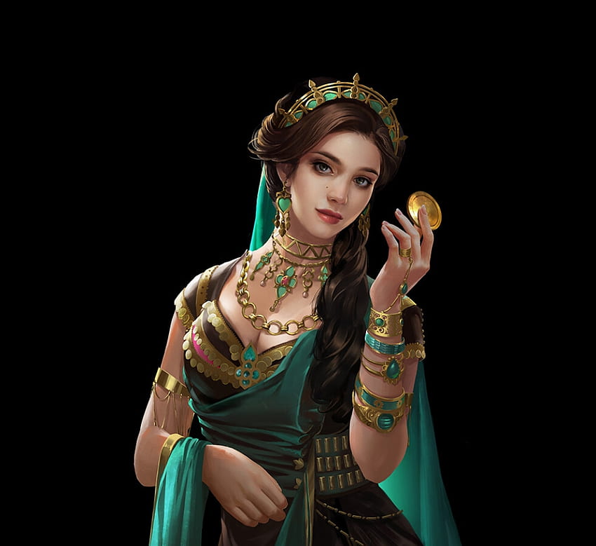 Prinzessin, Huiling Wu, Frumusete, Schwarz, Fantasie, Kunst, Grün, Mädchen, Juwel HD-Hintergrundbild