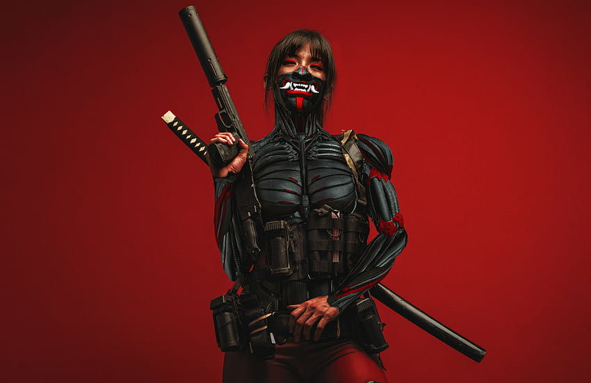 Cyberpunk ninja, with katana & gun, art HD wallpaper