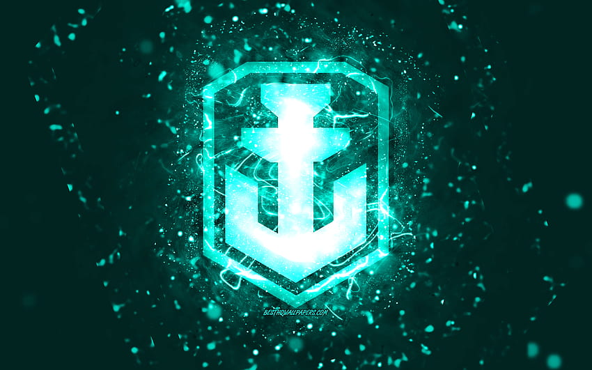 World of Warships turquoise logo, , turquoise neon lights, WoWS, turquoise abstract background, World of Warships logo, online games, WoWS logo, World of Warships HD wallpaper