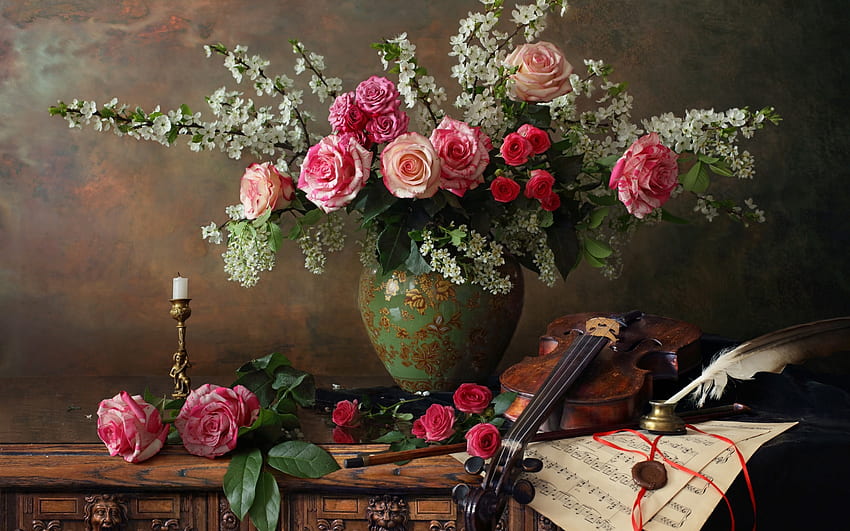 Still life, andrei morozov, flower, rose, instrument, bouquet, violin HD wallpaper