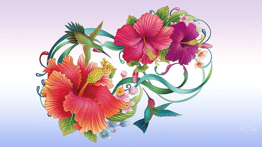 ハチドリ 夏、夏、鳥、明るい、ハチドリ、花、リボン、花、春 高画質の壁紙