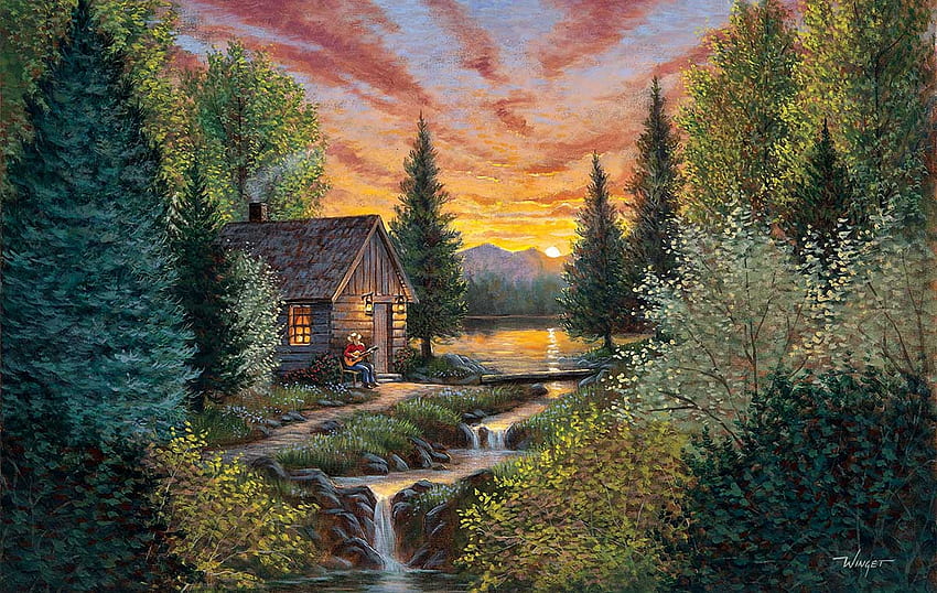 Mountain Music, creek, cabin, artwork, painting, trees, cascades, sky, forest, sunset HD wallpaper