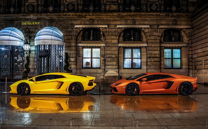 two lamborghinis parked in front of the ritz, rain, yellow, hotel, cars, orange HD wallpaper