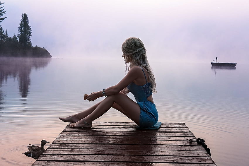 ANDREANE CHAMBERLAND, brunette, light blue apparel, siting, boat dock, misty morning, smooth water, duck looking for a handout HD wallpaper