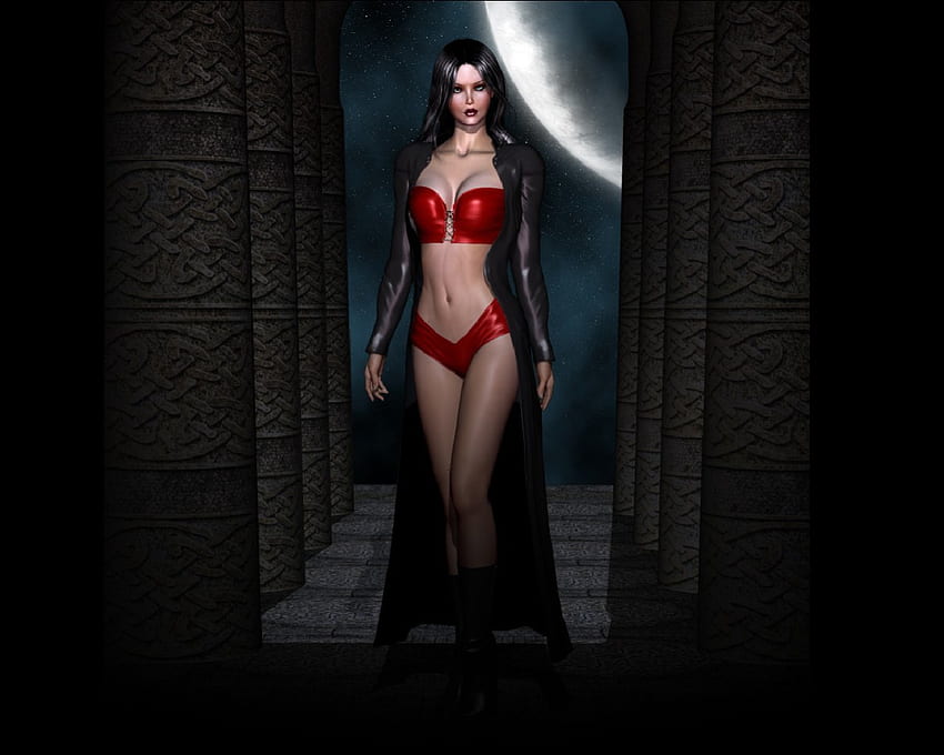 Fantasy Donna, cappotto lungo, rosso nero, luna, stelle, donna Sfondo HD