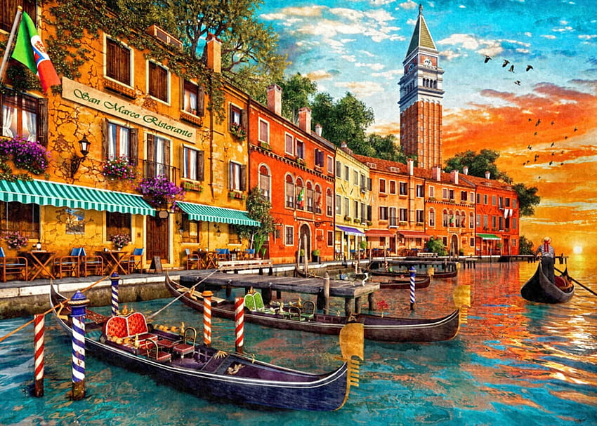 San Marco sunset, gondola, perahu, seni, dominic davison, italia, lukisan, pictura, san marco, matahari terbenam Wallpaper HD