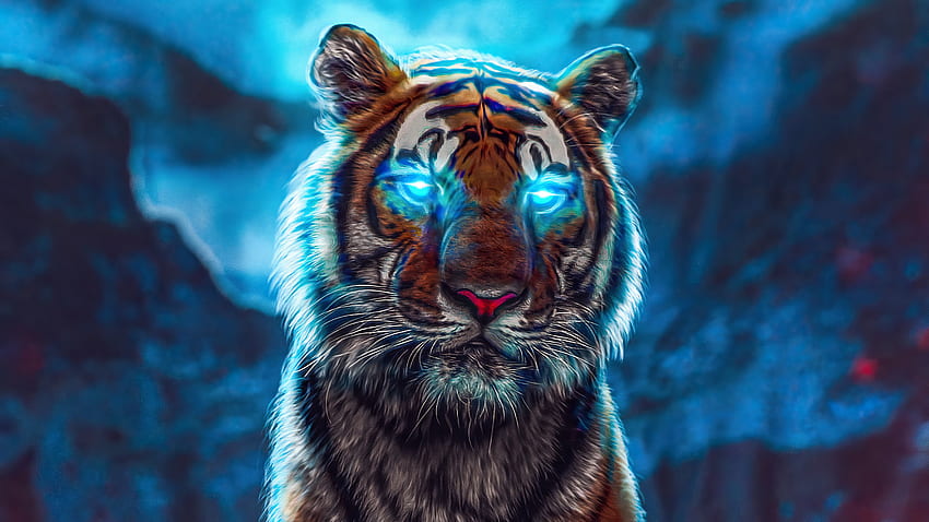 Harimau dengan mata bercahaya biru Ultra, Hewan Biru Wallpaper HD