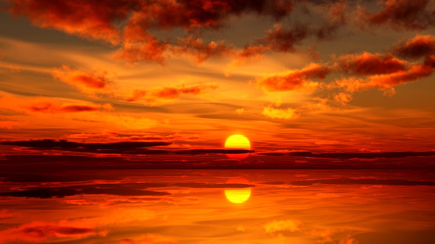 Coucher de soleil doré, horizon, bleu, impressionnant, couleurs, or, reflets, lever du soleil, agréable, 1920x1080, réflexe, incroyable, eau, soleil, océan, coucher de soleil, d'or, miroir, mer, beau, orange, jaune, cool, nuages, ciel , écran large Fond d'écran HD