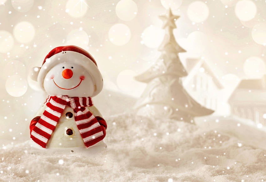 Happy Snowman, winter, artwork, snow, fir, tree HD wallpaper