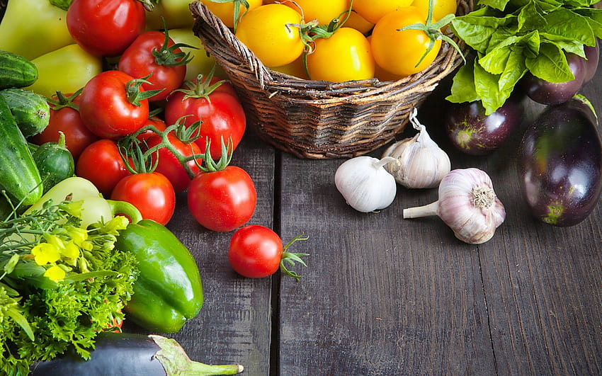 food, Vegetables, Tomatoes, Eggplant, Baskets, Wooden HD wallpaper