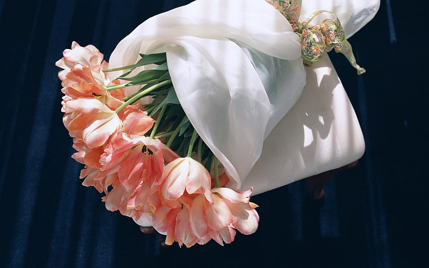 Peach Tulip Boquet, розово, праскова, букет, панделка, природа, цветя, лалета HD тапет