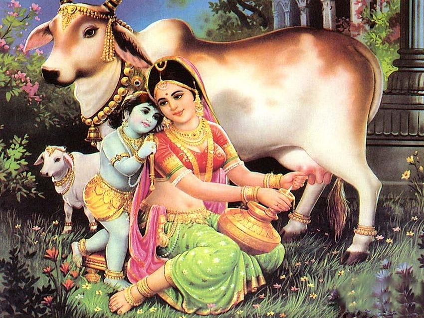 Bal Krishna Yashoda and cow. Rocks, Krishna and Cow HD wallpaper