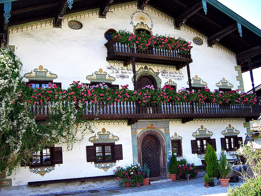 Bavarian house, germany, flowers, bavaria, house HD wallpaper