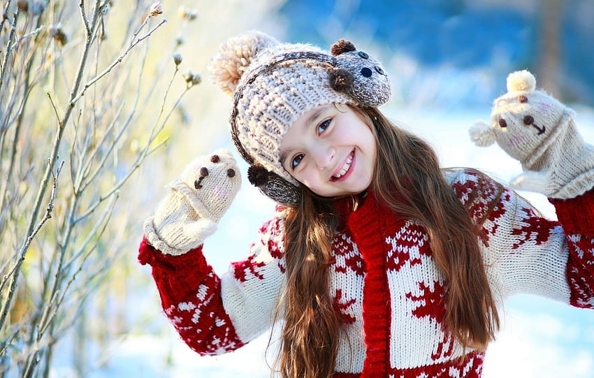 Petite fille, hiver, blanc, sourire, fille, gants, copil, neige, iarna, rouge, drôle, heureux, enfant, chapeau Fond d'écran HD
