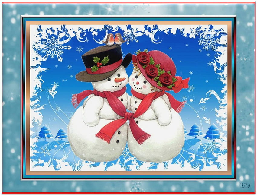 LET'S SNUGGLE UP AND KEEP WARM!, snowlady, snowman, 포옹, 겨울 장면 배경 HD 월페이퍼