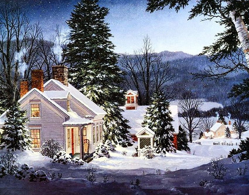 Winter Village, artwork, painting, snow, house, trees HD wallpaper | Pxfuel