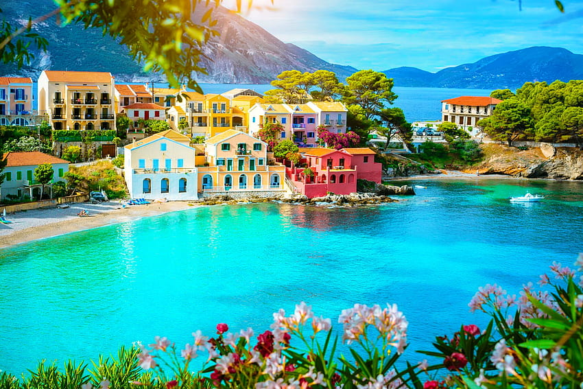 Assos, Cefalonia, estate, riposo, hotel, vista, piscina, case, resort, vacanza, grecia Sfondo HD