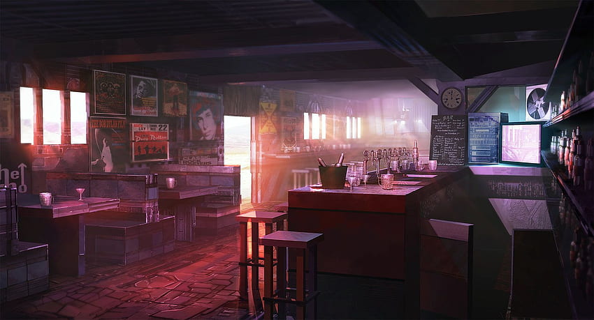 Bar Sci Fi, Maxime Delcambre. Arte conceitual digital, arte conceitual de ambiente, plano de fundo de anime, cena de bar papel de parede HD