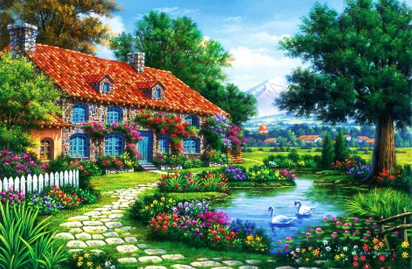 白鳥、パス、家、風景、アートワーク、絵画、フェンス、木、花、池のある素朴なコテージ 高画質の壁紙